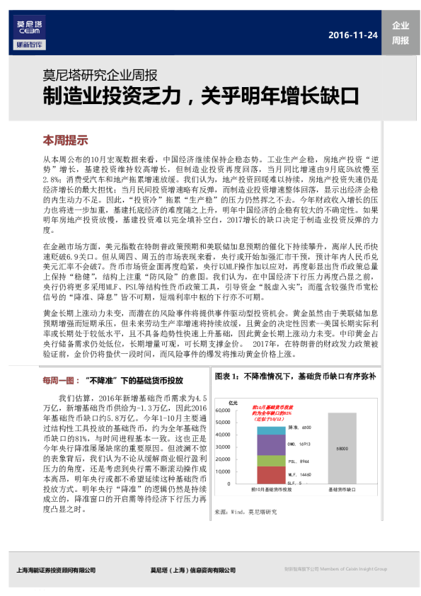 企业周报：制造业投资乏力，关乎明年增长缺口