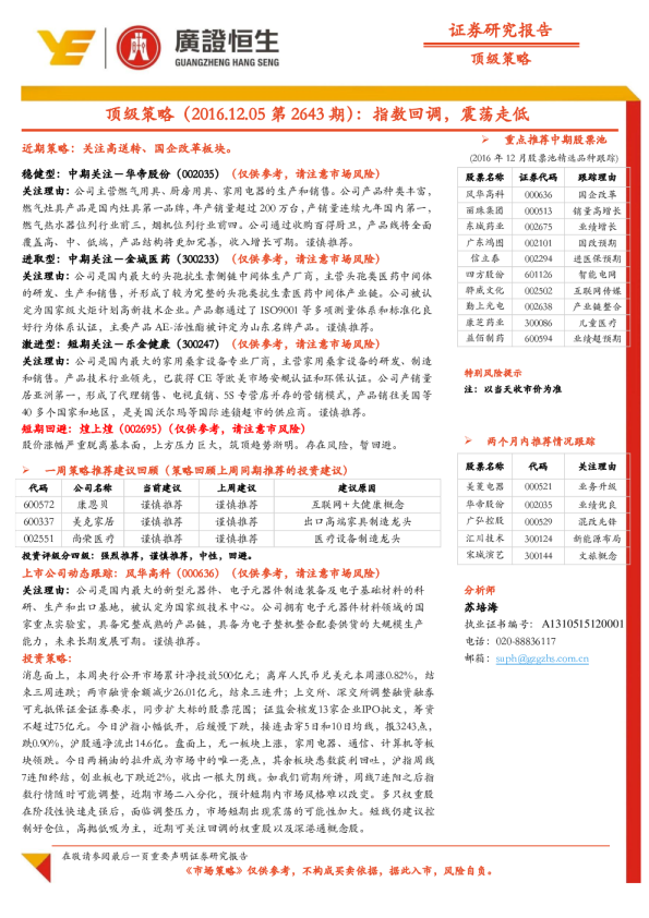 顶级策略（2016.12.05第2643期）：指数回调，震荡走低