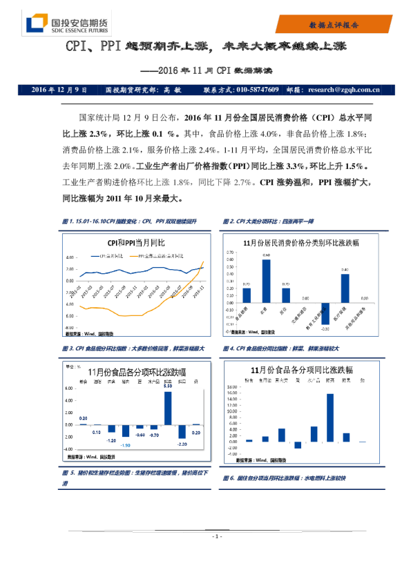 2016年11月CPI数据解读：CPI、PPI超预期齐上涨，未来大概率继续上涨