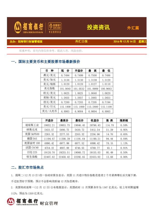 外汇日报：投资资讯外汇篇