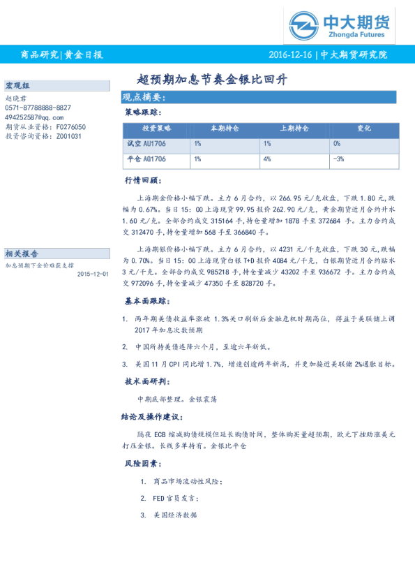 黄金日报：超预期加息节奏金银比回升