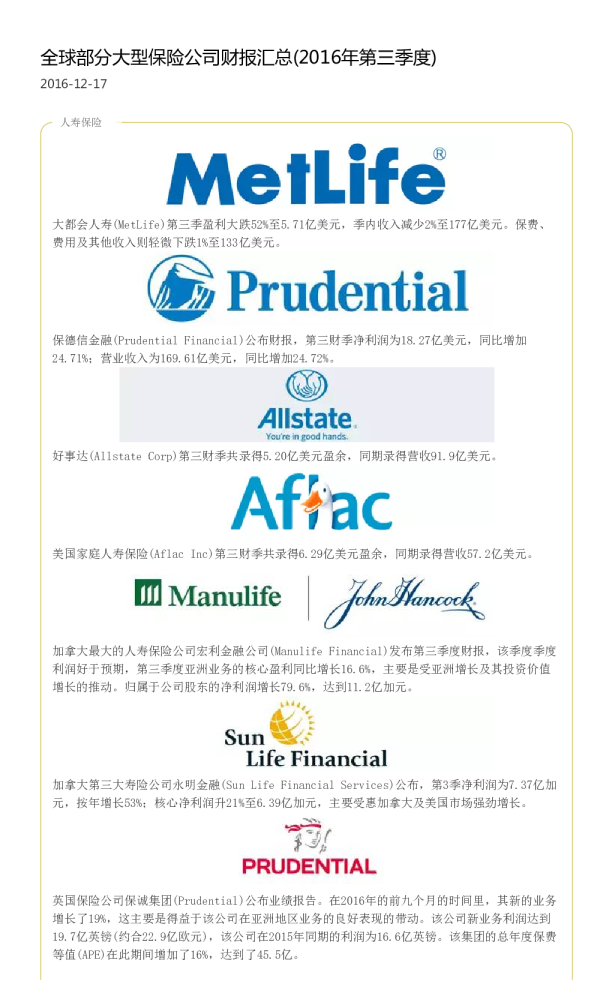 汇丰银行全球部分大型保险公司财报汇总(2016年第三季度)