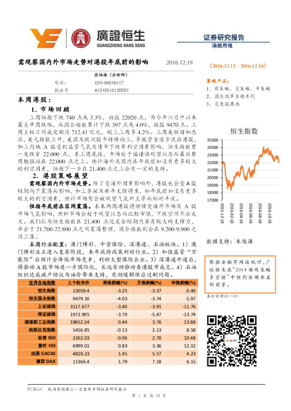 港股周报：需观察国内外市场走势对港股年底前的影响