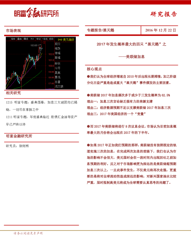 2017年发生概率最大的四只“黑天鹅”之：美联储加息