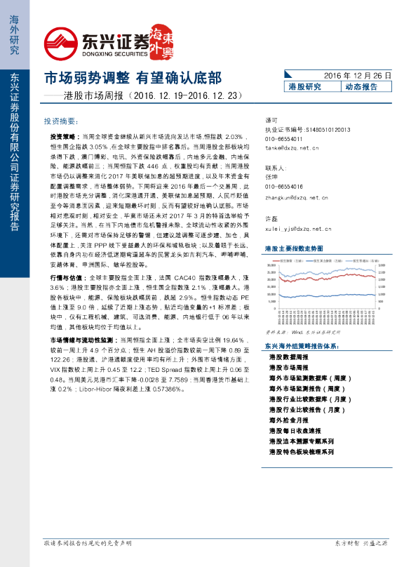 港股市场周报：市场弱势调整 有望确认底部
