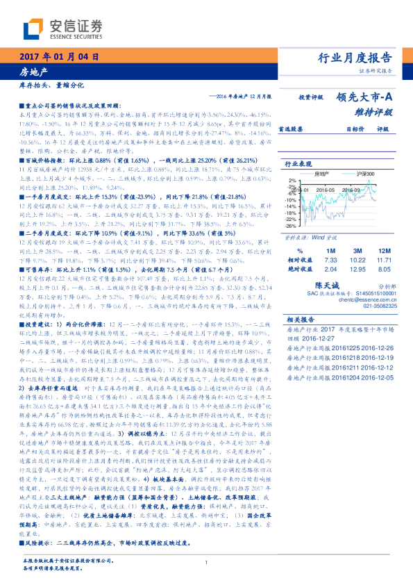 2016年房地产12月月报：库存抬头、量缩分化