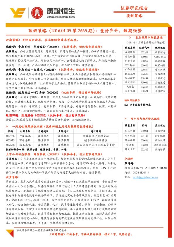 顶级策略：量价齐升，短期强势