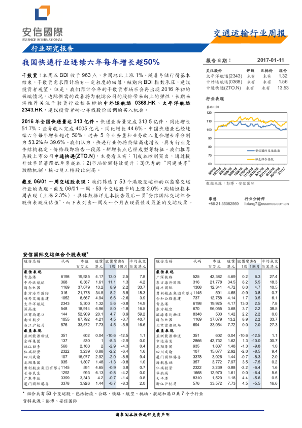 交通运输行业周报：我国快递行业连续六年每年增长超50%