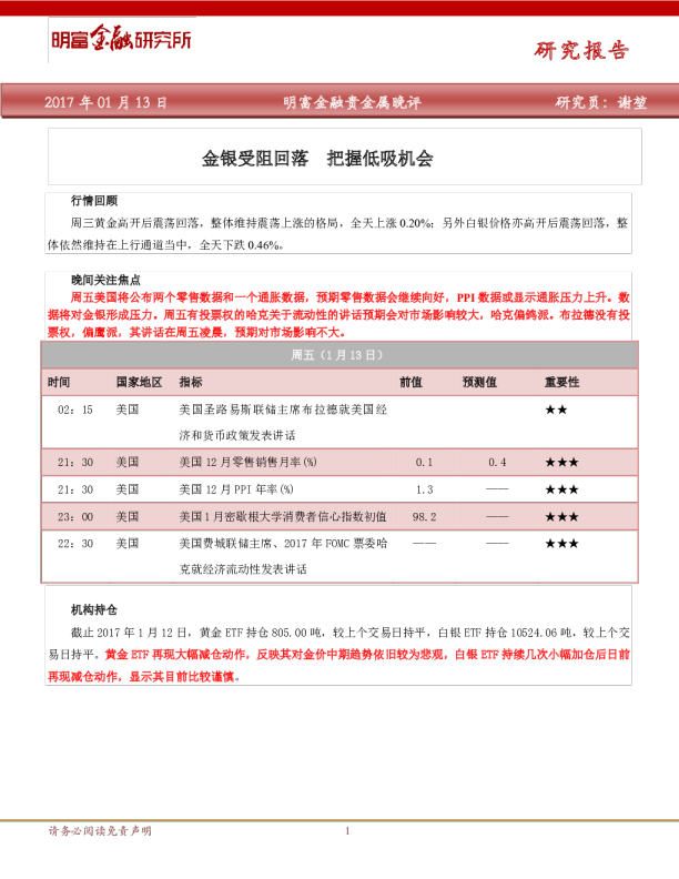 贵金属晚评：金银受阻回落把握低吸机会