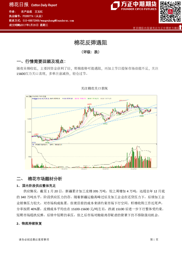 棉花日报：棉花反弹遇阻