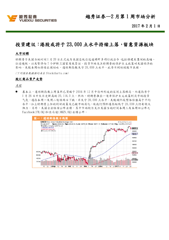 2月第1周市场分析：投资建议：港股或将于23,000点水平持续上落，留意资源板块