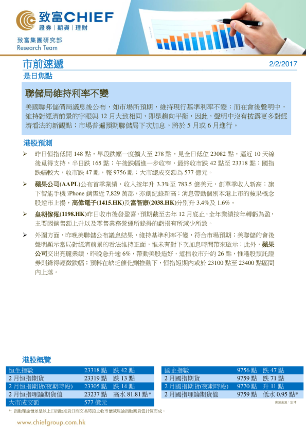 市前速递：联储局维持利率不变
