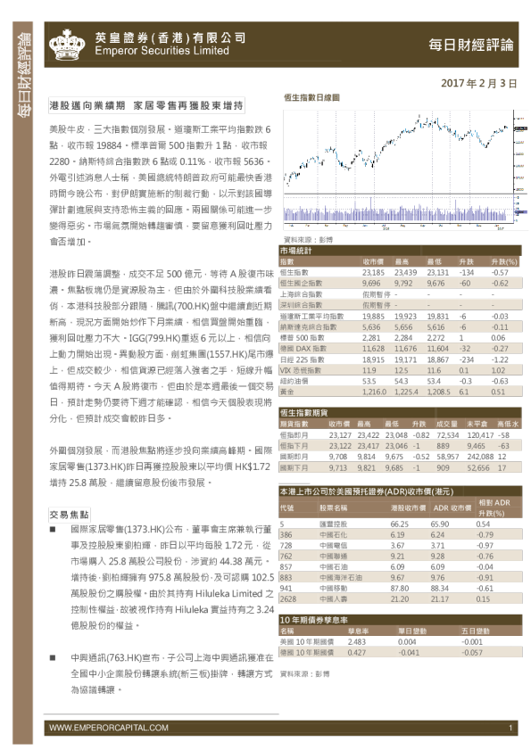英皇证券每日财经评论