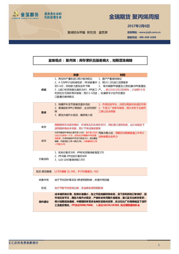金瑞期货聚丙烯周报