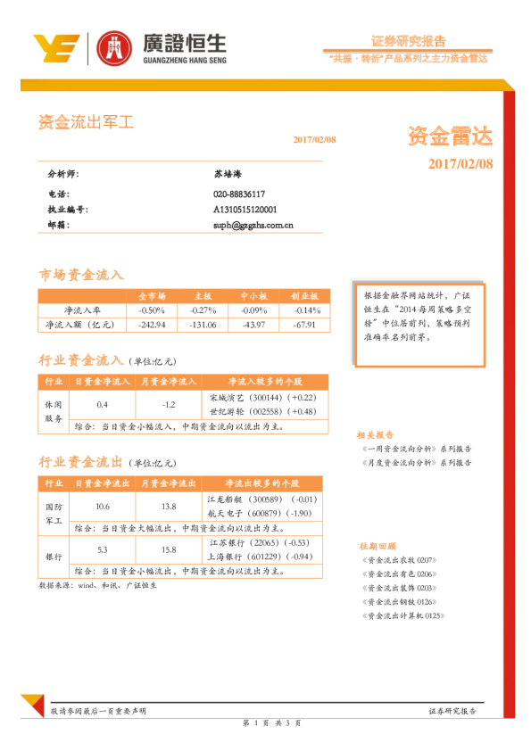资金雷达：资金流出军工