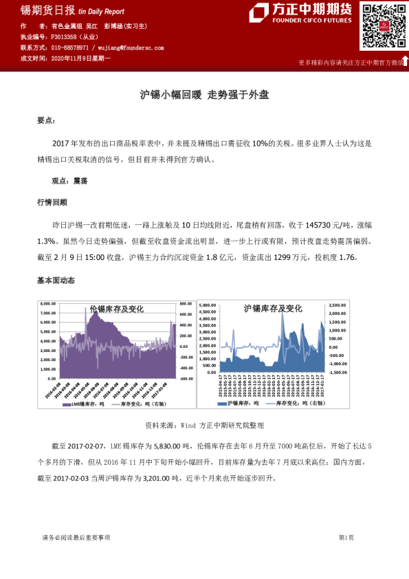 锡期货日报：沪锡小幅回暖 走势强于外盘