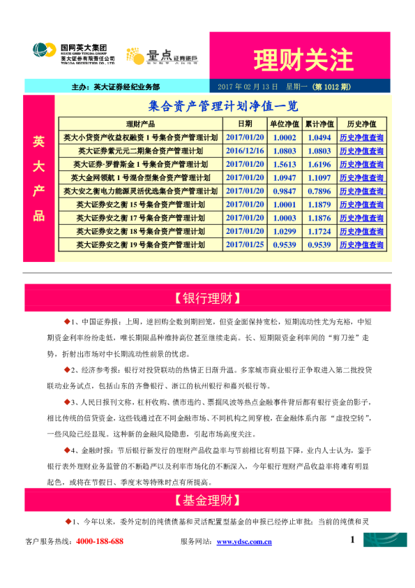 理财关注：集合资产管理计划净值一览