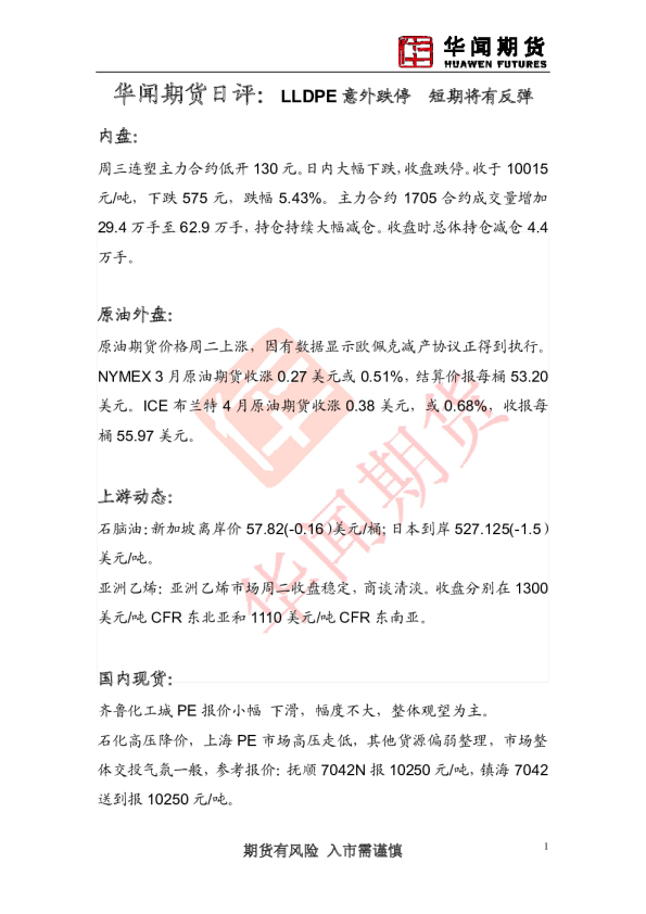 日评：LLDPE意外跌停 短期将有反弹