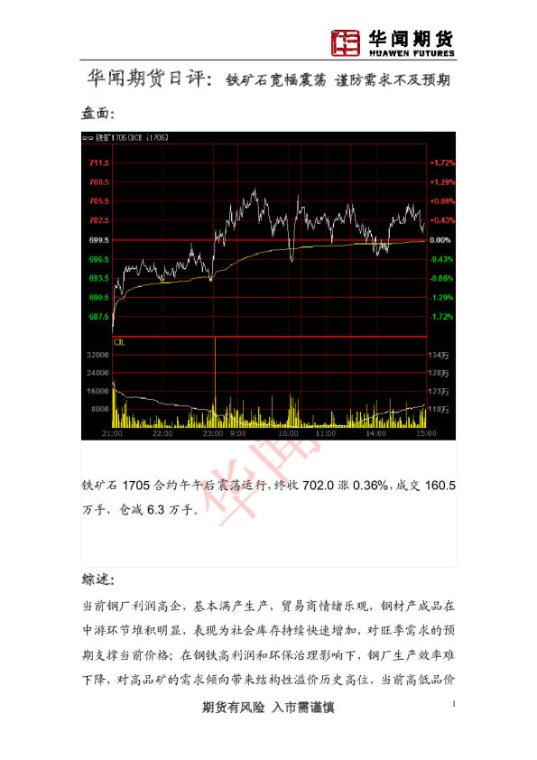 日评：铁矿石宽幅震荡 谨防需求不及预期