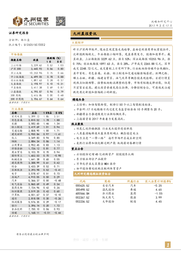 九州证券晨报资讯