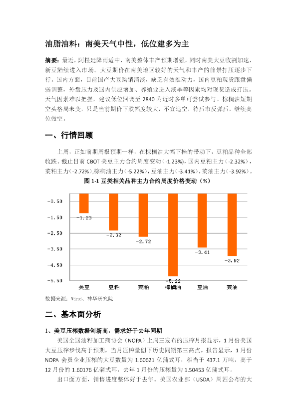 油脂油料：南美天气中性，低位建多为主