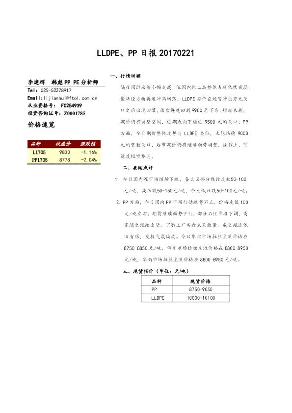 LLDPE、PP日报