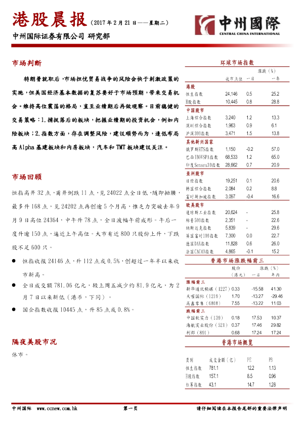中州国际证券港股晨报