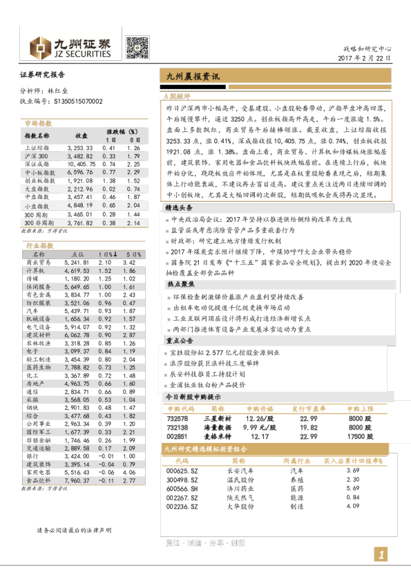 九州证券晨报资讯