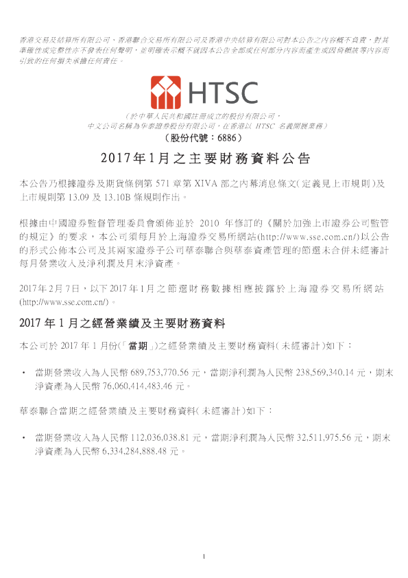2017年1月之主要财务资料公告