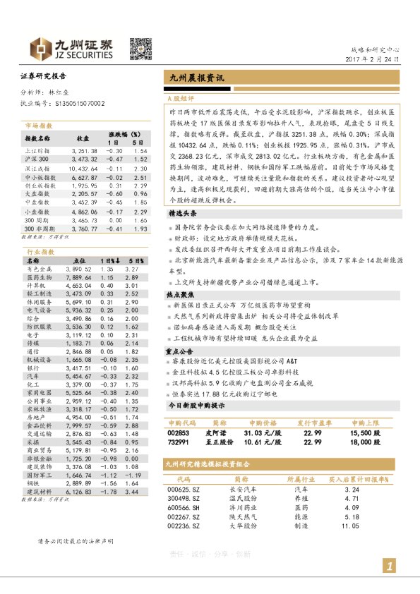 九州证券晨报资讯