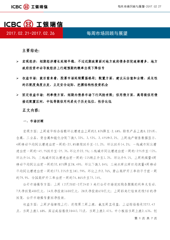 工银瑞信每周市场回顾与展望