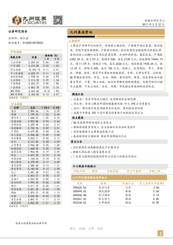 九州证券晨报资讯