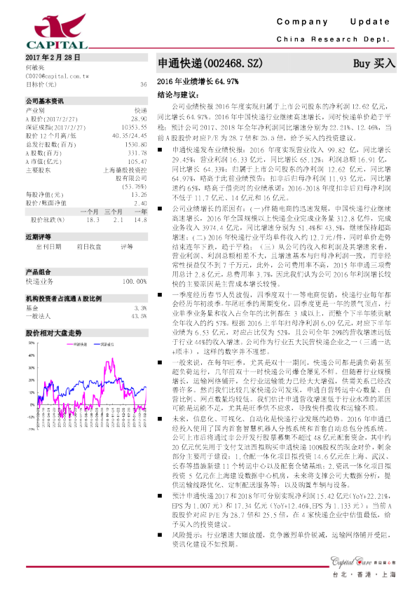 2016年业绩增长64.97％