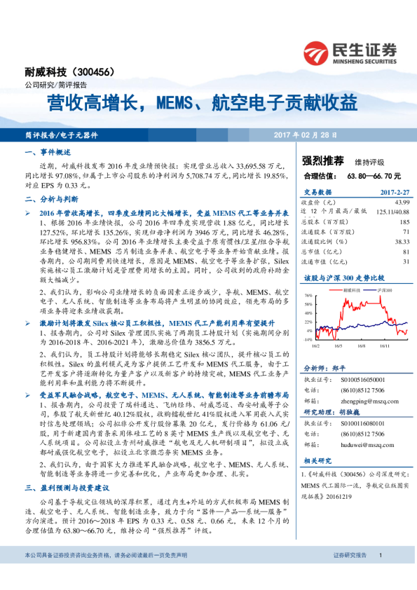 营收高增长，MEMS、航空电子贡献收益