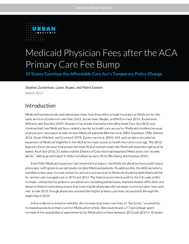 Medicaid Physician Fees after the ACA Primary Care Fee Bump