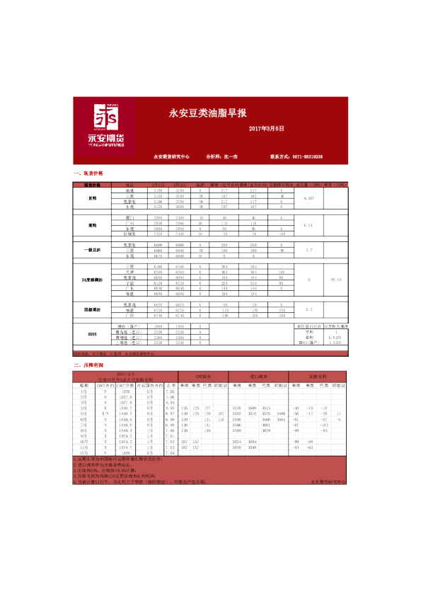 永安期货豆类油脂早报