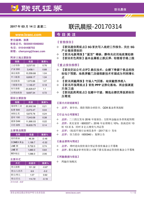 联讯证券联讯晨报