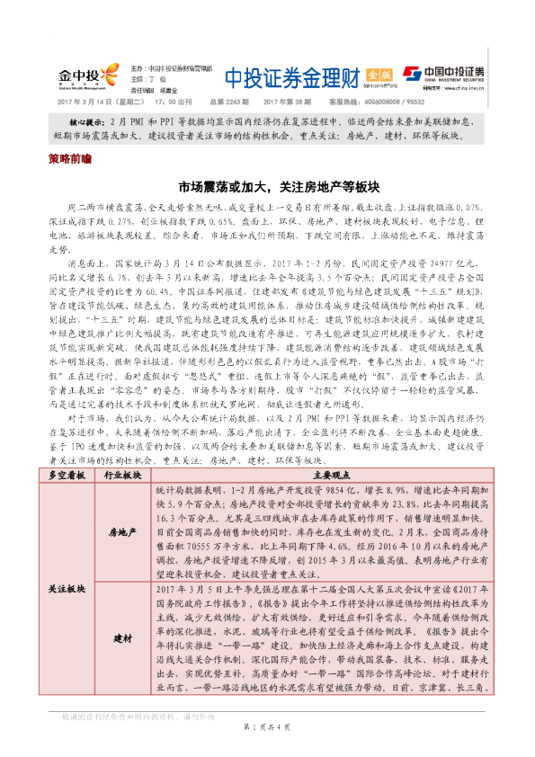 市场震荡或加大，关注房地产等板块