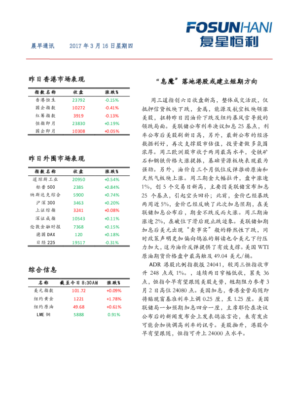 复星恒利证券晨早通讯