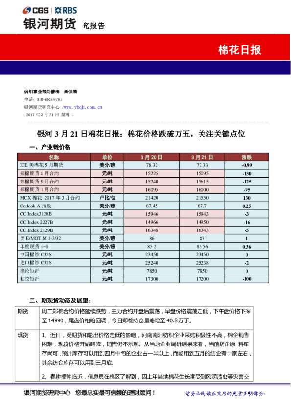 棉花日报：棉花价格跌破万五，关注关键点位