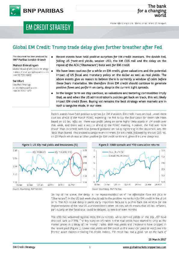 Global EM Credit: Trump trade delay gives further breather after Fed