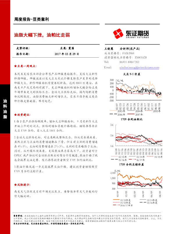 油脂大幅下挫，油粕比走弱