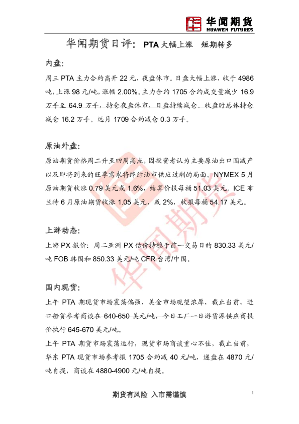 日评：PTA大幅上涨 短期转多