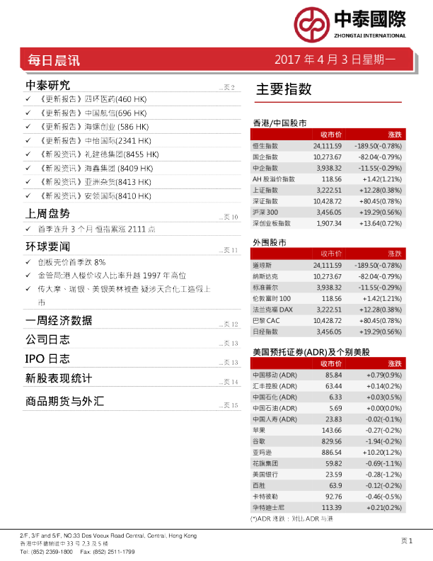 中泰国际证券每日晨讯