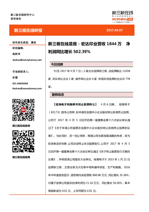 新三板在线晨报：宏达印业营收1844万 净利润同比增长502.39%