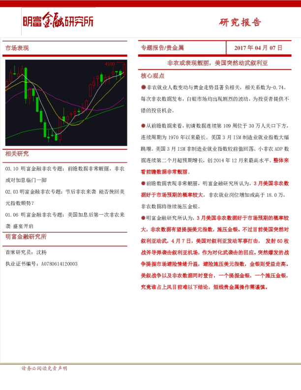 贵金属：非农或表现靓丽,美国突然动武叙利亚