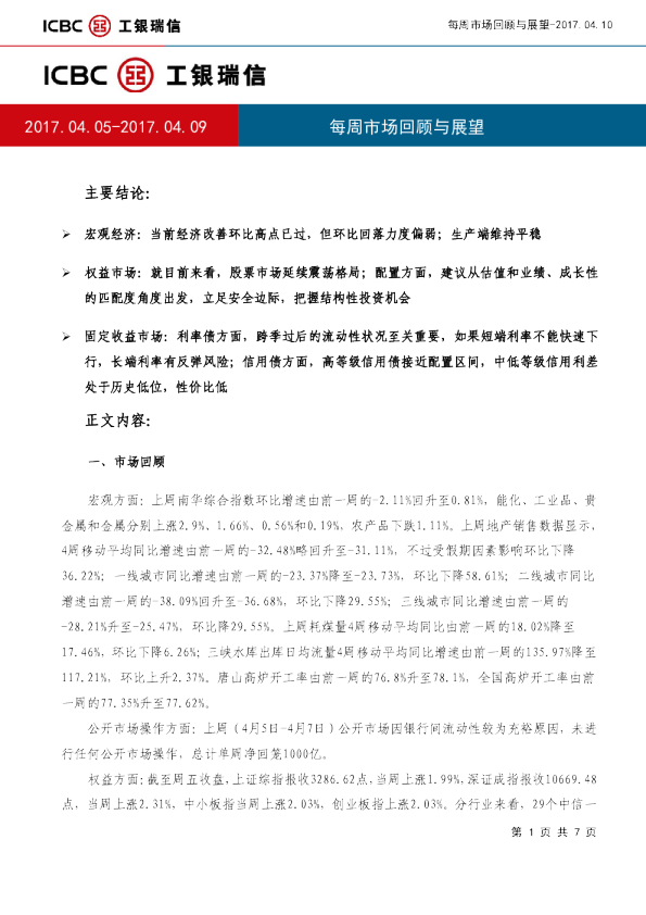 工银瑞信每周市场回顾与展望