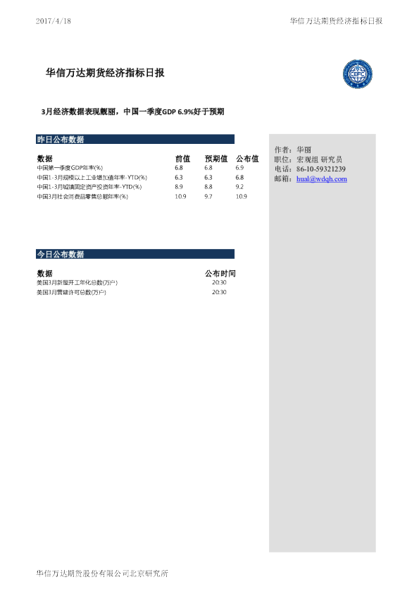 华信万达期货经济指标日报：3月经济数据表现靓丽 中国一季度GDP6.9%好于预期