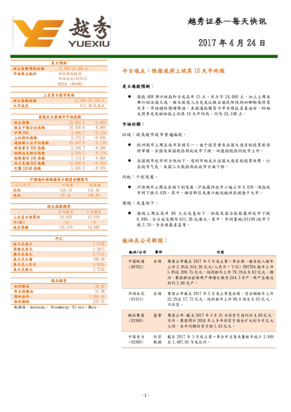 越秀证券每天快讯