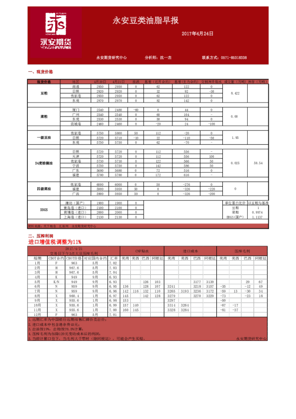 永安期货豆类油脂早报